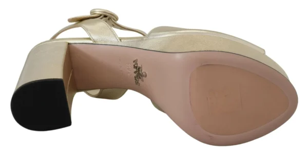 Prada Women's Elegant Gold Leather Block Heel Sandals