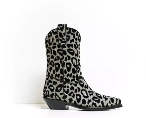 Dolce & Gabbana Women's Elegant Black Leopard Texan Boots with Silver Accents