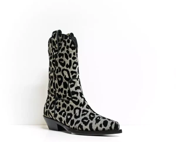 Dolce & Gabbana Women's Elegant Black Leopard Texan Boots with Silver Accents