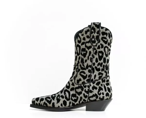 Dolce & Gabbana Women's Elegant Black Leopard Texan Boots with Silver Accents