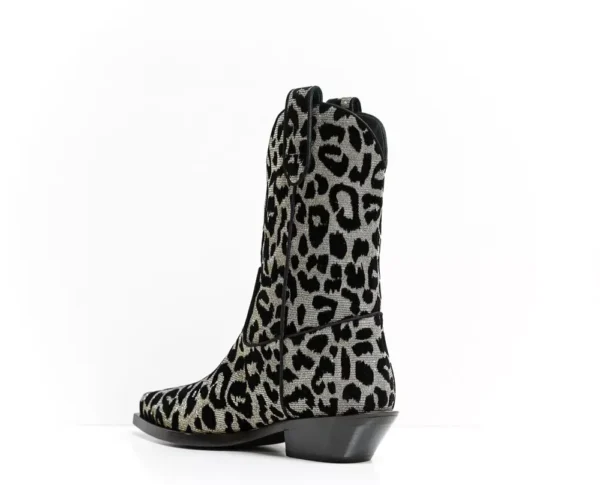 Dolce & Gabbana Women's Elegant Black Leopard Texan Boots with Silver Accents