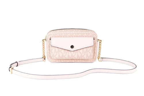 Michael Kors Women's Jet Set Travel Medium Signature PVC Pocket Camera Bag Crossbody Handbag (Powder Blush Multi Signature)