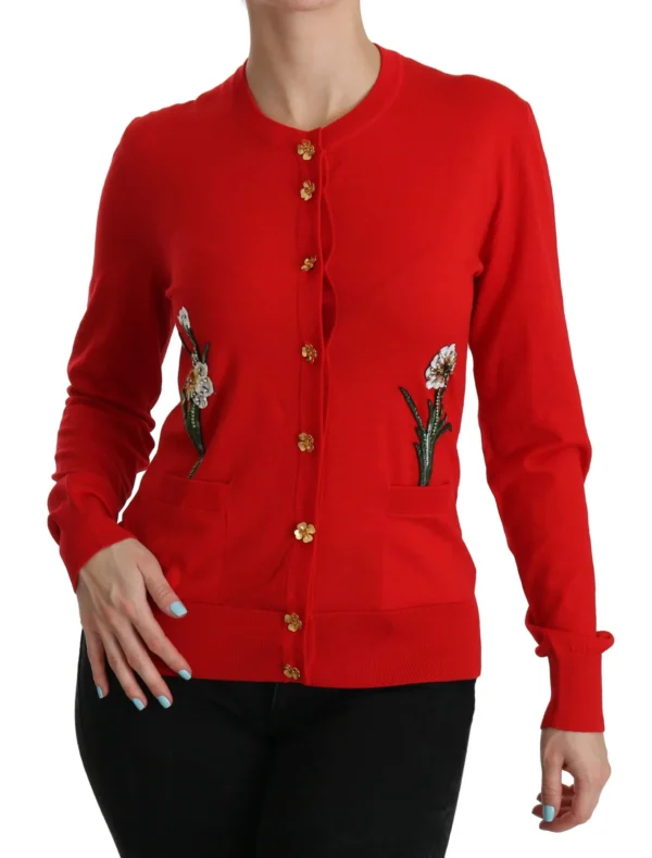 Dolce & Gabbana Women's Red Wool Crystal Floral Cardigan Sweater