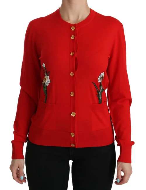 Dolce & Gabbana Women's Red Wool Crystal Floral Cardigan Sweater