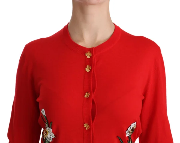 Dolce & Gabbana Women's Red Wool Crystal Floral Cardigan Sweater