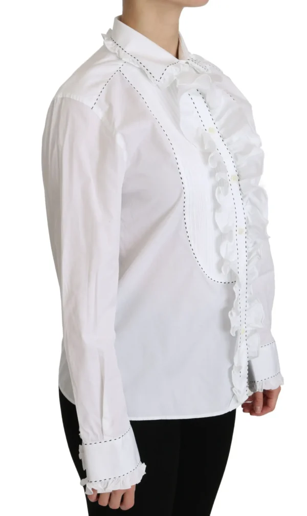 Dolce & Gabbana Women's White Ruffle Collared Blouse Cotton Top