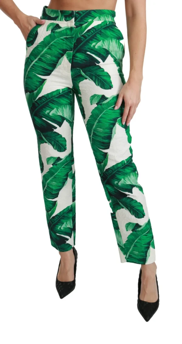 Dolce & Gabbana Women's Elegant Green Brocade Pants with Banana Leaf Print