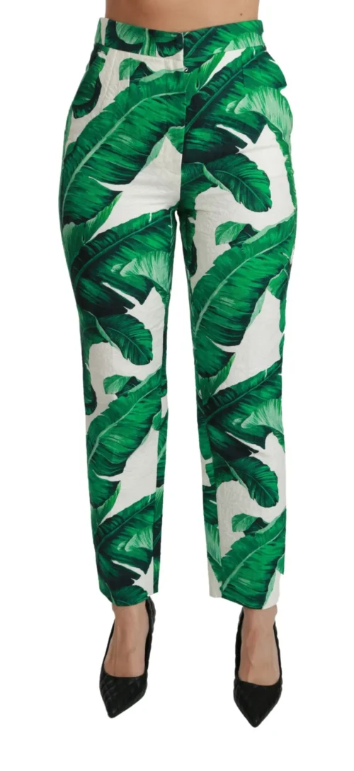 Dolce & Gabbana Women's Elegant Green Brocade Pants with Banana Leaf Print