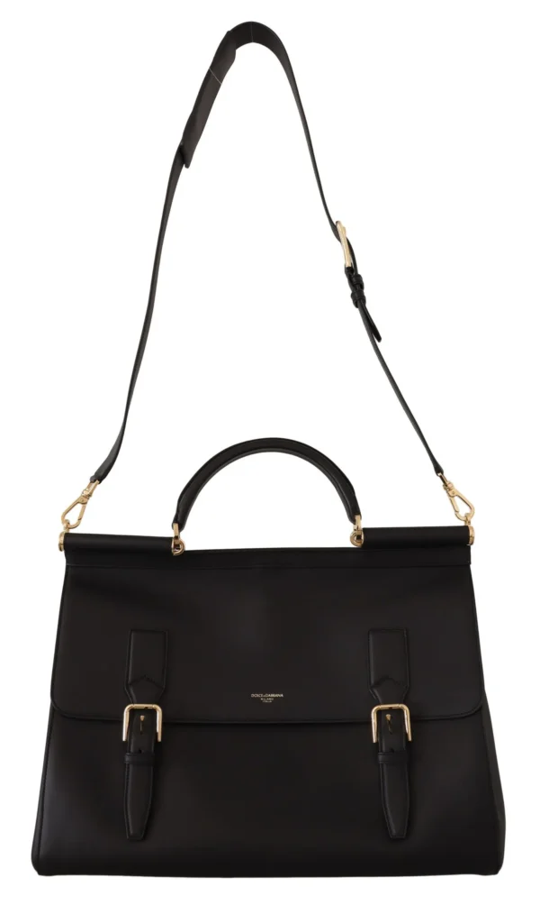 Dolce & Gabbana Women's Elegant XL Sicily Black Leather Bag with Gold Accents