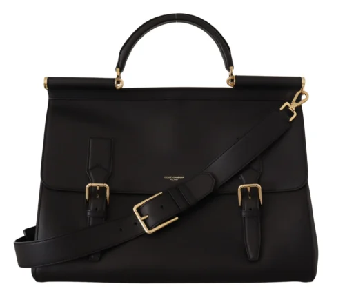 Dolce & Gabbana Women's Elegant XL Sicily Black Leather Bag with Gold Accents