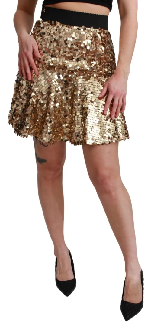 Dolce & Gabbana Women's Gold Sequined High Waist A-Line Mini Skirt