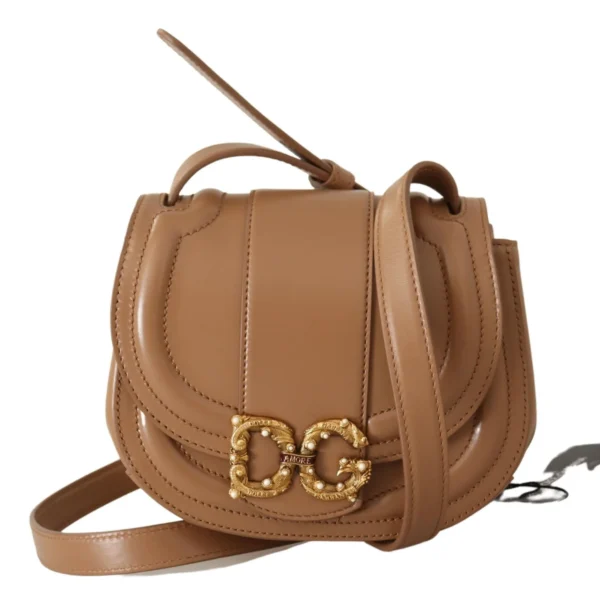 Dolce & Gabbana Women's Elegant Beige Leather Shoulder Bag with Gold Detailing