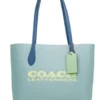 COACH Women's Kia Medium Aqua Multi Colorblock Pebbled Leather Tote Bag Handbag