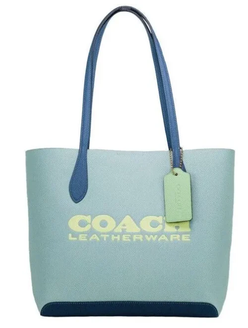 COACH Women's Kia Medium Aqua Multi Colorblock Pebbled Leather Tote Bag Handbag