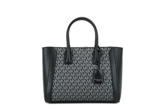 Michael Kors Women's Kali Medium Black Signature PVC Satchel handbag Purse Ipad Case