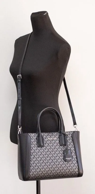 Michael Kors Women's Kali Medium Black Signature PVC Satchel handbag Purse Ipad Case