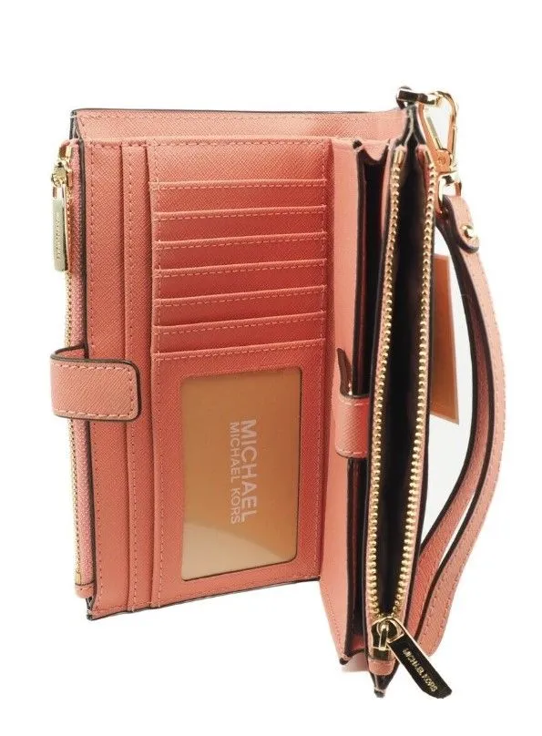 Michael Kors Women's Jet Set Travel Signature Leather Large Double Zip Wristlet Wallet Sherbert