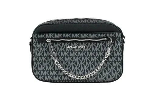 Michael Kors Women's Jet Set Large East West Black Silver PVC Zip Chain Crossbody Bag