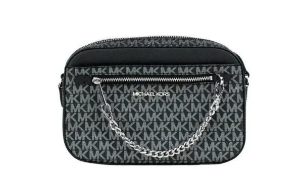 Michael Kors Women's Jet Set Large East West Black Silver PVC Zip Chain Crossbody Bag