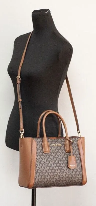 Michael Kors Women's Kali Medium Brown Signature PVC Satchel Purse Handbag Ipad Case