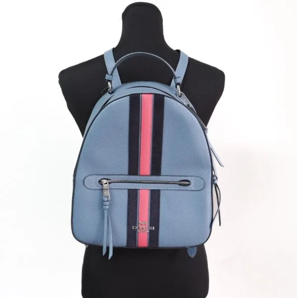 COACH Women's Jordyn Varsity Stripe Indigo Crossgrain Leather Backpack Bookbag