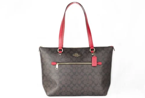 COACH Women's Signature Canvas Brown Red Leather Gallery Tote Handbag Purse