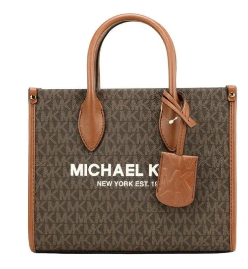 Michael Kors Women's Mirella Small Brown PVC Top Zip Shopper Tote Crossbody Handbag