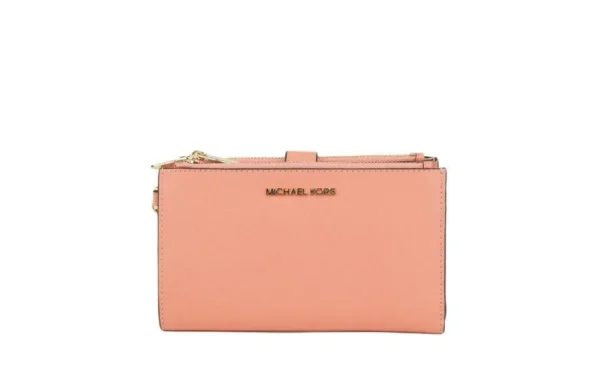 Michael Kors Women's Jet Set Travel Signature Leather Large Double Zip Wristlet Wallet Sherbert