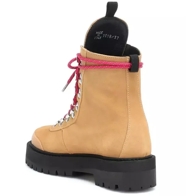 Off-White Women's Elegant Suede Trekking Ankle Boots with Pink Accents
