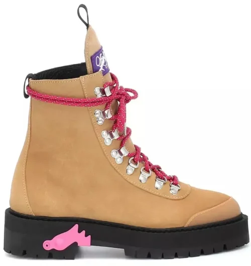 Off-White Women's Elegant Suede Trekking Ankle Boots with Pink Accents