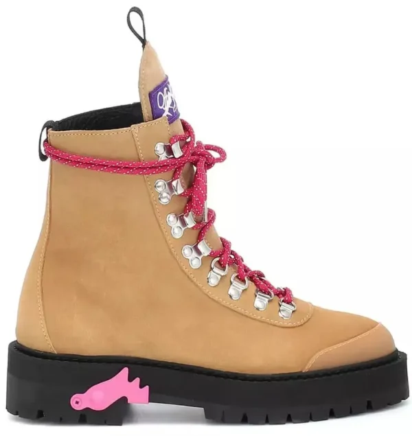Off-White Women's Elegant Suede Trekking Ankle Boots with Pink Accents