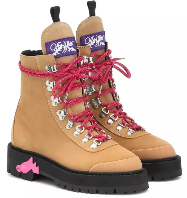 Off-White Women's Elegant Suede Trekking Ankle Boots with Pink Accents