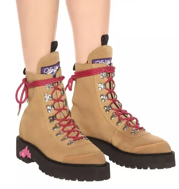 Off-White Women's Elegant Suede Trekking Ankle Boots with Pink Accents