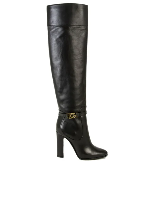 Dolce & Gabbana Women's Elegant Black Calf Leather Boots with Gold Detail