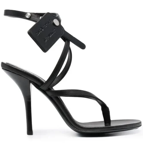 Off-White Women's Elegant Calf Leather Stiletto Sandals with Zip Tie Accent