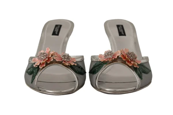 Dolce & Gabbana Women's Elegant Silver Floral Kitten Heel Sandals