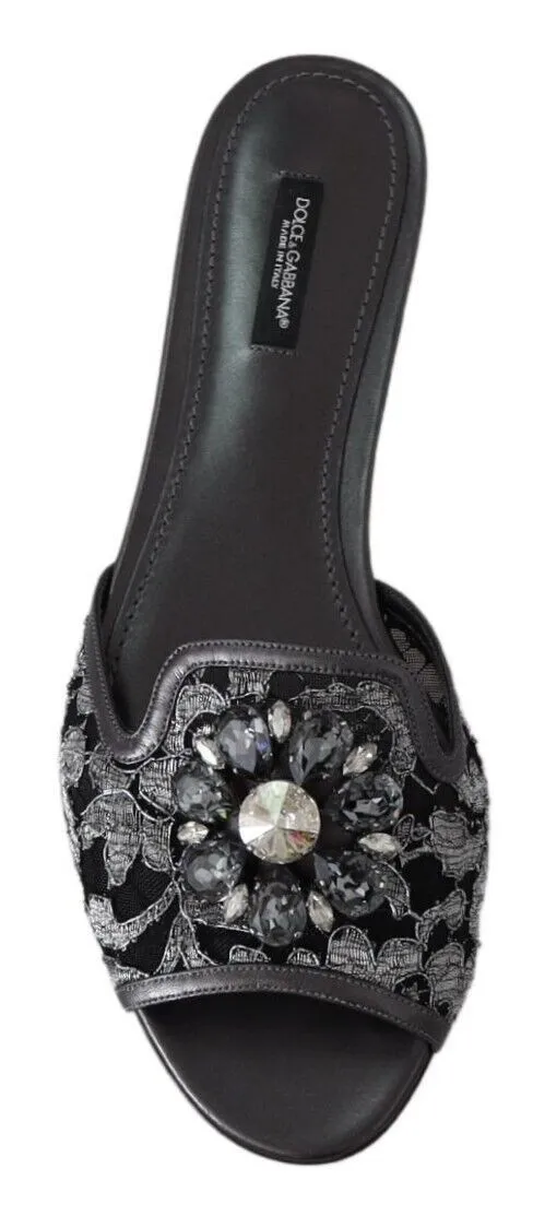 Dolce & Gabbana Women's Elegant Floral Lace Crystal Slides
