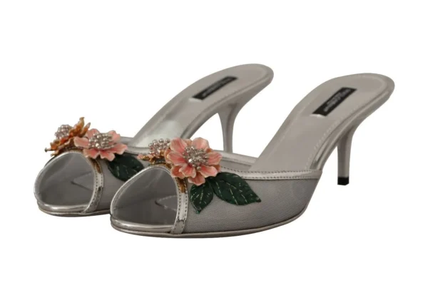 Dolce & Gabbana Women's Elegant Silver Floral Kitten Heel Sandals