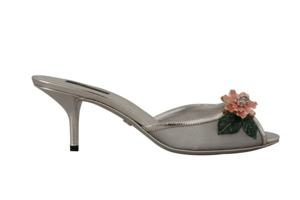 Dolce & Gabbana Women's Elegant Silver Floral Kitten Heel Sandals