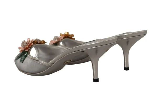Dolce & Gabbana Women's Elegant Silver Floral Kitten Heel Sandals