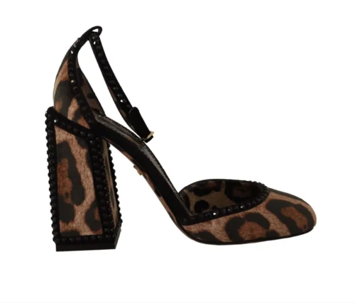 Dolce & Gabbana Women's Brown Leopard Ankle Strap Studded Sandals Shoes