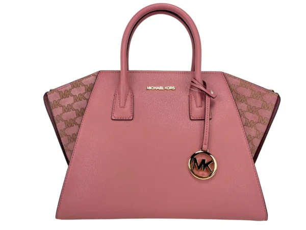 Michael Kors Women's Avril Large Rose Signature Leather Top Zip Satchel Crossbody Bag