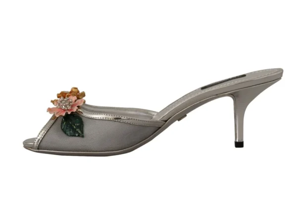 Dolce & Gabbana Women's Elegant Silver Floral Kitten Heel Sandals