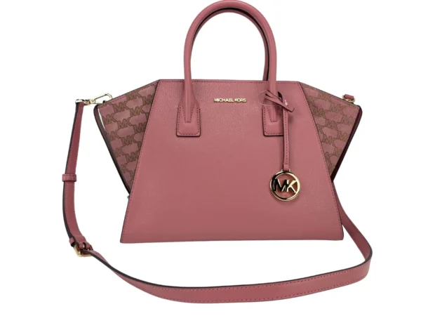 Michael Kors Women's Avril Large Rose Signature Leather Top Zip Satchel Crossbody Bag