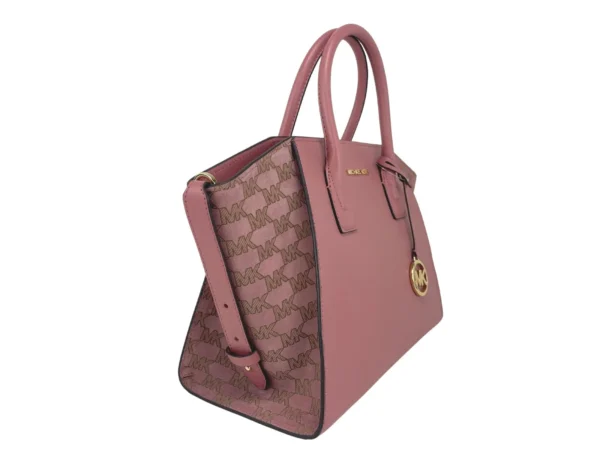Michael Kors Women's Avril Large Rose Signature Leather Top Zip Satchel Crossbody Bag