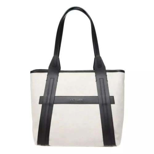 Trussardi Women's Elegant White Fabric Shoulder Bag with Leather Accents