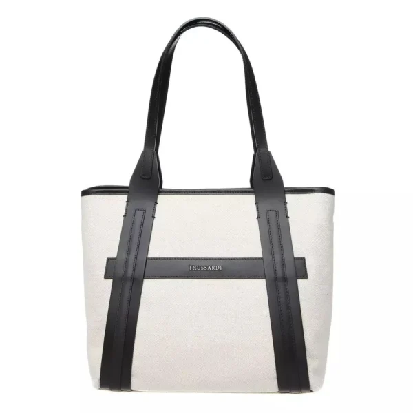 Trussardi Women's Elegant White Fabric Shoulder Bag with Leather Accents