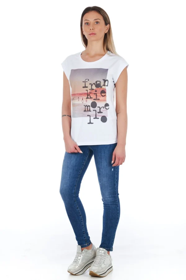 Frankie Morello Women's Chic White Front Print Tee