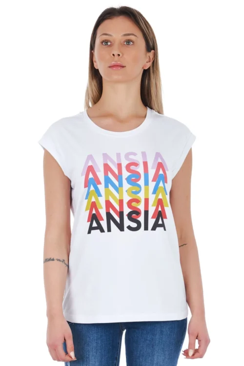 Frankie Morello Women's Elegant White Front Print Tee