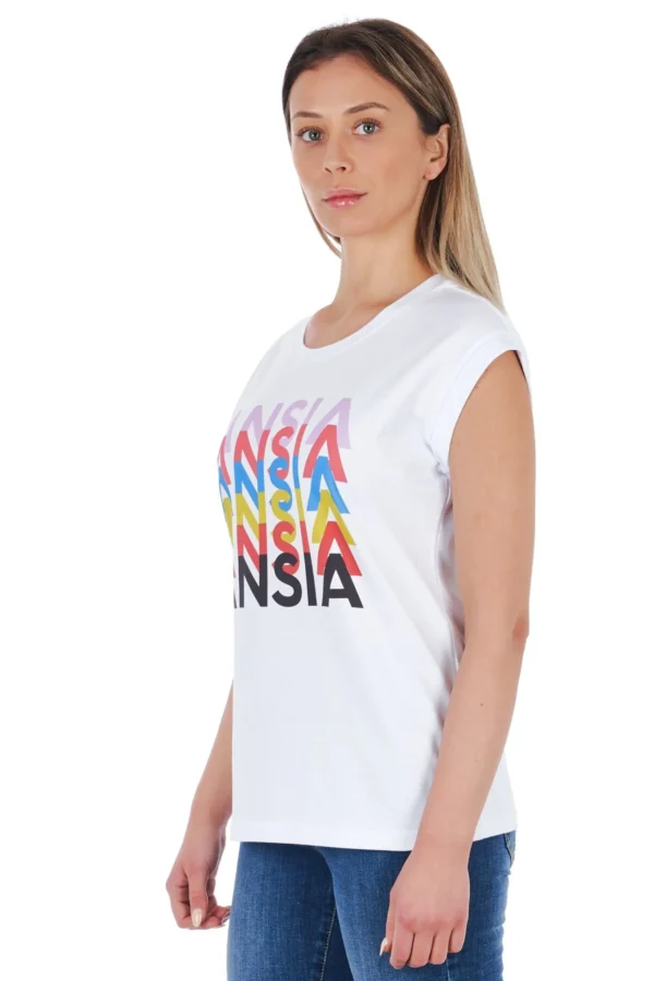 Frankie Morello Women's Elegant White Front Print Tee